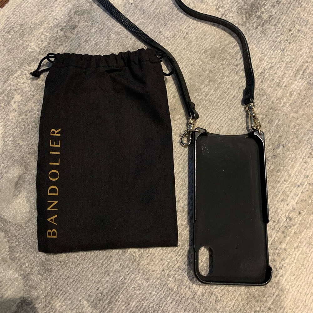 Bandolier crossbody phone case wallet for iPhone XR.  Pebbled black leather.